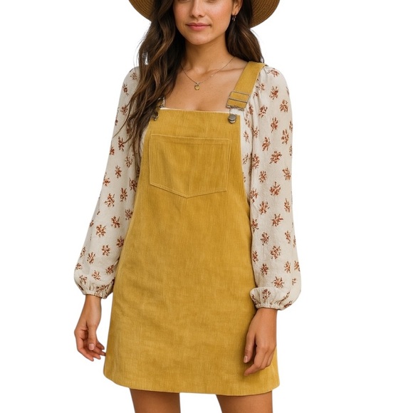 Shein Small Mustard Yellow Corduroy Overall Dress Above Knee Contemporary Chic - Picture 1 of 7